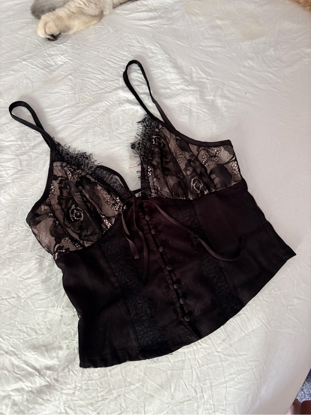 Free People Black & Cream Lace Button & Bow Camisole